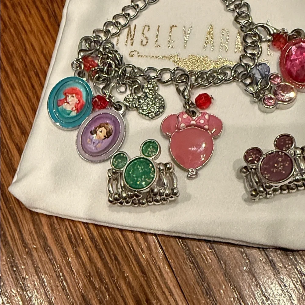Disney charm bracelet 8” 9 removable charms + 2 Mickey rings NEW